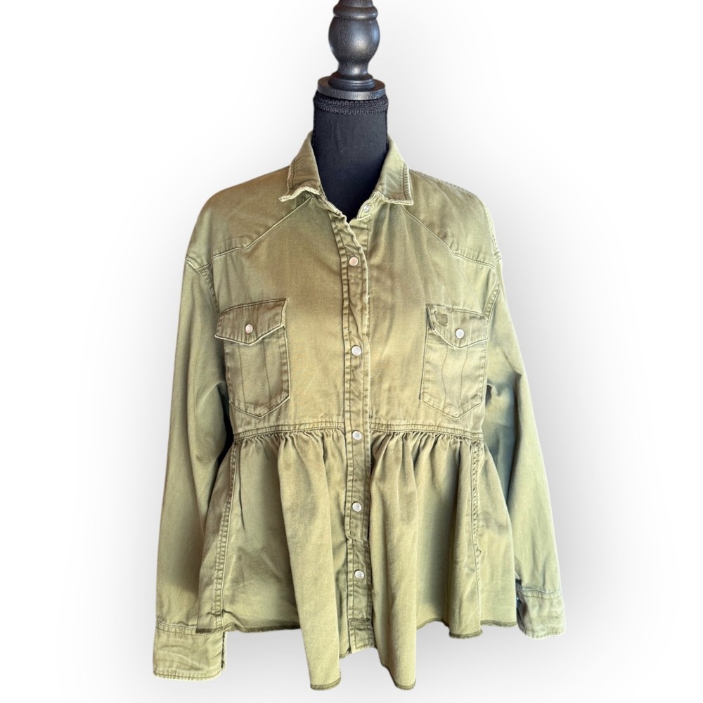 We The Free Olive Green Peplum Ruffle Utility Jacket Western Boho Shacket S